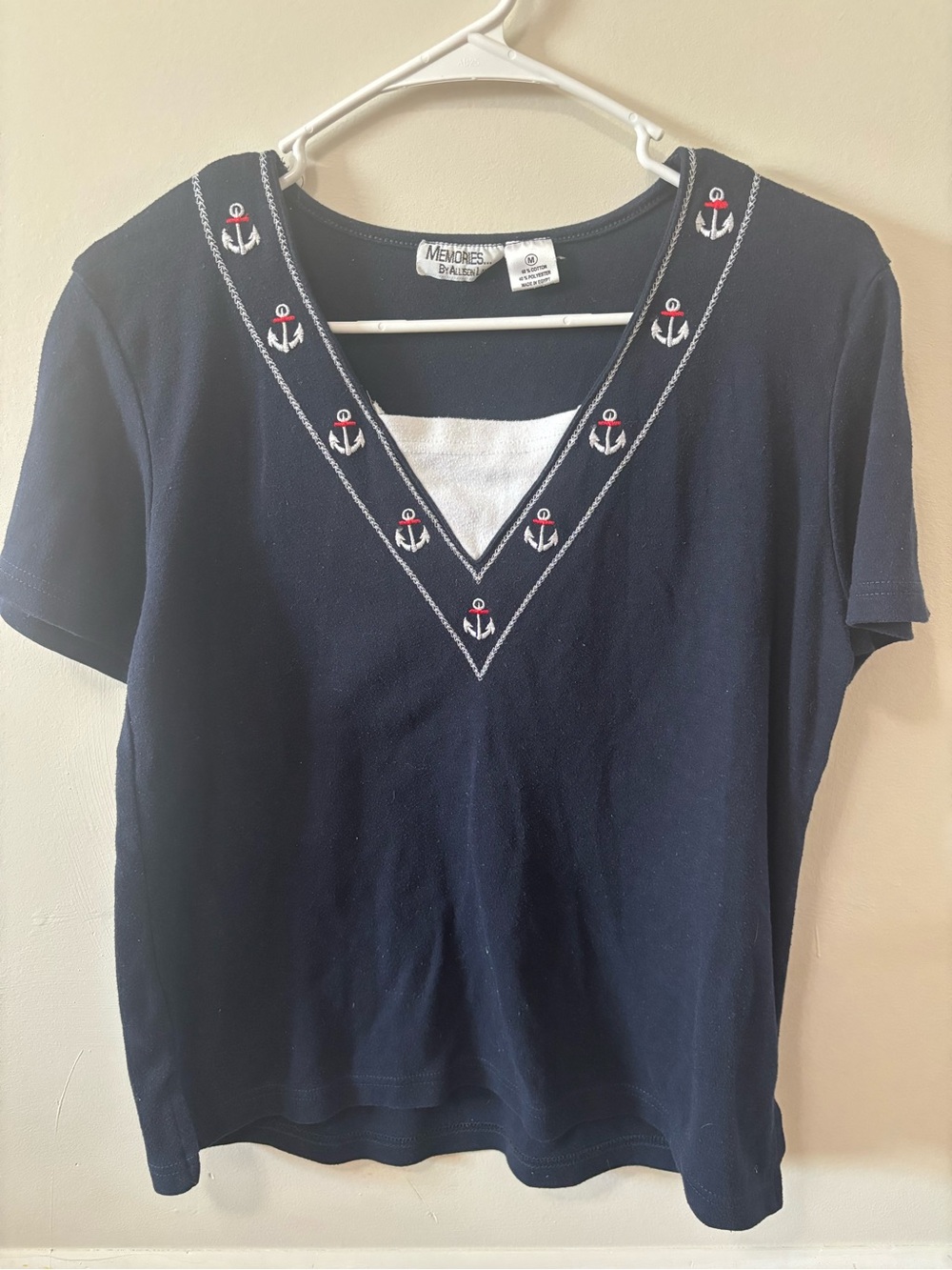 Navy V-Neck Short Sleeve Top with Anchor Embroidery